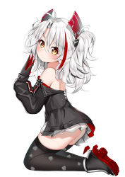 Rule 34 | 1girl, absurdres, ass, azur lane, black thighhighs, brown eyes, catnnn, child, commentary request, cross, detached sleeves, hair between eyes, hair ornament, highres, iron cross, kneeling, little prinz eugen (azur lane), long hair, long sleeves, looking at viewer, multicolored hair, sidelocks, simple background, solo, thighhighs, two-tone gloves, two-tone hair, two side up, white background, white hair, zettai ryouiki