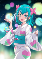 Rule 34 | 1girl, :d, abstract background, absurdres, antennae, blue eyes, blue hair, bow, cowboy shot, hagoromo lala, hair bow, highres, japanese clothes, kimono, open mouth, pink bow, pointy ears, precure, print kimono, pukara, short hair, smile, solo, standing, star-shaped pupils, star (sky), star (symbol), star twinkle precure, symbol-shaped pupils, white kimono, yukata