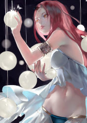 Rule 34 | 1girl, absurdres, arm strap, breasts, bug, butterfly, hair ornament, highres, holding, bug, jewelry, kamachi kamachi-ko, lips, long hair, midriff, navel, original, parted lips, red hair, skirt, solo, yellow eyes