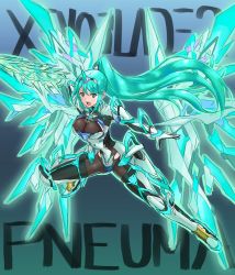 Rule 34 | 1girl, armor, ass, boots, breasts, elbow gloves, gem, gloves, gradient background, green background, green eyes, green hair, hair ornament, headpiece, high heel boots, high heels, highres, jewelry, legs, long hair, looking at viewer, mechanical wings, nintendo, open mouth, pneuma (xenoblade), shoulder armor, simple background, skindentation, solo, spoilers, swept bangs, thighhighs, thighs, tiara, very long hair, wings, xenoblade chronicles (series), xenoblade chronicles 2, yuuuun0218