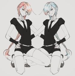 Rule 34 | 2others, aquamarine (houseki no kuni), blue hair, blue nails, blush, braid, braided ponytail, character request, check character, colored tips, fingerless gloves, full body, gem uniform (houseki no kuni), gloves, hair between eyes, head tilt, holding hands, houseki no kuni, long hair, looking at viewer, morganite (houseki no kuni), multicolored hair, multiple others, nail polish, on one knee, other focus, puffy short sleeves, puffy sleeves, red eyes, red nails, shiorondo, shoes, short sleeves, shorts, simple background, smile, streaked hair, swept bangs, symmetrical pose, thighhighs, very long hair