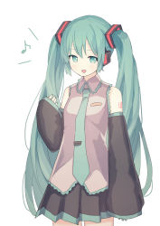 Rule 34 | 1girl, absurdres, aqua eyes, aqua hair, aqua nails, aqua necktie, bare shoulders, black skirt, breasts, collared shirt, commentary, cowboy shot, detached sleeves, eighth note, grey shirt, hand up, hatsune miku, headset, highres, long hair, looking at viewer, musical note, nail polish, necktie, open mouth, pleated skirt, shiratakiseaice, shirt, simple background, skirt, sleeveless, sleeveless shirt, sleeves past wrists, small breasts, smile, solo, tattoo, tie clip, twintails, very long hair, vocaloid, white background