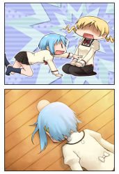 Rule 34 | 2girls, blonde hair, blue hair, company connection, creator connection, drill hair, face down, head bump, hidamari sketch, lying, mahou shoujo madoka magica, mahou shoujo madoka magica (anime), miki sayaka, multiple girls, pantyhose, parody, poking, school uniform, shaded face, shaft (company), short hair, temurei (vovovov), tomoe mami, twin drills, twintails, wide face, | |, || ||