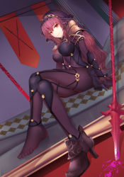 Rule 34 | 1girl, absurdres, blood, bodysuit, breasts, commentary request, covered navel, crossed legs, fate/grand order, fate (series), full body, gae bolg (fate), gem, highres, large breasts, long hair, looking at viewer, mag (huangmag), pink blood, polearm, purple bodysuit, purple hair, red eyes, revision, scathach (fate), see-through, shoes, single shoe, sitting, smile, solo, spear, toes, veil, weapon