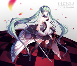 Rule 34 | 1girl, 7th dragon, 7th dragon (series), 7th dragon 2020, absurdly long hair, absurdres, bare shoulders, character name, checkered floor, copyright name, floor, full body, fur trim, green eyes, green hair, hatsune miku, headphones, highres, holding, katana, long hair, looking at viewer, matching hair/eyes, neck ribbon, ng (chaoschyan), petals, pleated skirt, ribbon, sheath, shoes, skirt, solo, standing, sword, thighhighs, twintails, very long hair, vocaloid, weapon
