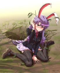 Rule 34 | 1girl, animal ears, black thighhighs, blush, dirty, highres, hole, kezune (i- -i), loafers, long hair, looking at viewer, necktie, purple hair, rabbit ears, rabbit girl, rabbit tail, red eyes, reisen udongein inaba, shoes, sitting, skirt, solo, tail, tears, thighhighs, touhou, very long hair, wariza