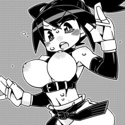 Rule 34 | 1girl, belt, breasts, breasts out, cannsk, commentary request, crop top, detached sleeves, fingerless gloves, flying sweatdrops, gloves, greyscale, kurogane arumi, large breasts, linea alba, mma gloves, monochrome, navel, nipples, open mouth, original, pants, round teeth, sleeveless, sleeveless turtleneck, solo, sweat, teeth, turtleneck, twintails
