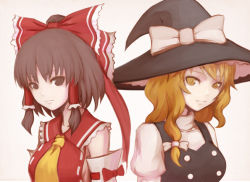 Rule 34 | 2girls, ascot, bare shoulders, black dress, blonde hair, breasts, brown hair, buttons, detached sleeves, dress, female focus, hakurei reimu, hat, kirisame marisa, looking at viewer, mamoru (arizona), multiple girls, puffy short sleeves, puffy sleeves, ribbon-trimmed sleeves, ribbon trim, short sleeves, sidelocks, simple background, small breasts, touhou, vest, white background, witch hat