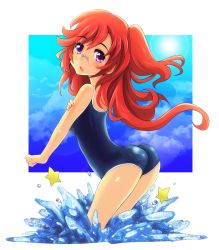 Rule 34 | 10s, 1girl, ano natsu de matteru, arched back, ass, bare shoulders, competition school swimsuit, glasses, long hair, looking back, one-piece swimsuit, one side up, open mouth, purple eyes, red hair, school swimsuit, solo, star (symbol), swimsuit, takatsuki ichika, tanashi (mk2), wading, water