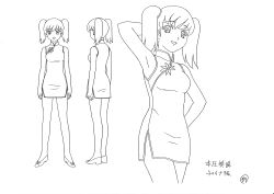 Rule 34 | 1girl, absurdres, arm behind head, armpits, bare legs, breasts, character sheet, chinese clothes, close-up, dress, full body, highres, honjou mikaze, long hair, looking at viewer, medium breasts, monochrome, multiple views, official art, short dress, smile, stratos 4, translation request, twintails, wide hips