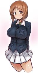 Rule 34 | 10s, 1girl, arms behind back, blush, breasts, brown eyes, brown hair, cropped legs, female focus, girls und panzer, highres, impossible clothes, kagami uekusa, large breasts, looking at viewer, nishizumi miho, school uniform, short hair, simple background, skirt, smile, solo, throat microphone, uniform