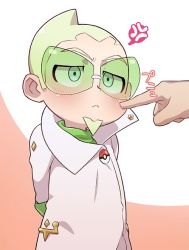 Rule 34 | 2boys, :&lt;, anger vein, arms behind back, blonde hair, blush, bracer, chacha (ss 5087), cheek poking, closed mouth, coat, commentary request, creatures (company), faba (pokemon), facial hair, game freak, goatee, green-tinted eyewear, green shirt, logo, male focus, multiple boys, nintendo, pokemon, pokemon sm, poking, shirt, short hair, spoken anger vein, sunglasses, tinted eyewear, undershirt, white coat