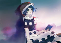 Rule 34 | 1girl, ainy, bad id, bad pixiv id, black dress, blue eyes, blue hair, book, doremy sweet, dress, hat, holding, holding book, looking at viewer, matching hair/eyes, nightcap, open mouth, pom pom (clothes), short sleeves, sitting, smile, solo, tail, tapir tail, touhou, white dress