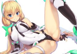 Rule 34 | 1girl, angela balzac, bare shoulders, black gloves, blonde hair, blue eyes, blush, boots, breasts, cameltoe, covered erect nipples, covered navel, elbow gloves, gloves, grin, hair ornament, headgear, kawakami rokkaku, knee boots, leg lift, leotard, long hair, looking at viewer, low twintails, lying, on back, partially visible vulva, rakuen tsuihou, simple background, skin tight, smile, solo, spread legs, twintails, very long hair, white background