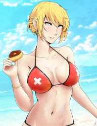 Rule 34 | 1girl, absurdres, beach, blonde hair, breasts, cleavage, day, doughnut, food, highres, j adsen, kiss-shot acerola-orion heart-under-blade, large breasts, looking at viewer, monogatari (series), oshino shinobu, pointy ears, short hair, solo, yellow eyes