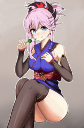 Rule 34 | 1girl, :t, asymmetrical hair, black thighhighs, blue eyes, breasts, brown background, closed mouth, dango, detached sleeves, earrings, eating, fate/grand order, fate (series), food, hair between eyes, highres, japanese clothes, jewelry, kagami mochi, kimono, kimono skirt, koenza botoke, large breasts, legs together, looking at viewer, miyamoto musashi (fate), miyamoto musashi (first ascension) (fate), mochi, over-kneehighs, pink hair, ponytail, purple kimono, sanshoku dango, simple background, sitting, sleeveless, sleeveless kimono, smile, solo, thighhighs, thighs, wagashi
