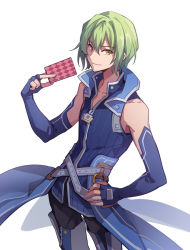 Rule 34 | 1boy, ao no kiseki, black pants, blue gloves, blue shirt, card, chinese commentary, closed mouth, commentary, cowboy shot, eiyuu densetsu, elbow gloves, falcom, feng you, fingerless gloves, gloves, green hair, hair between eyes, hand on own hip, holding, holding card, looking at viewer, male focus, pants, shirt, short hair, simple background, sleeveless, sleeveless shirt, smile, solo, strap, waistcoat, wazy hemisphere, white background, yellow eyes, zero no kiseki