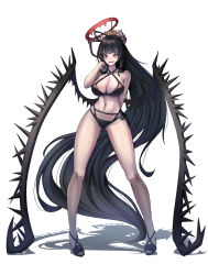 Rule 34 | 1girl, absurdly long hair, absurdres, bikini, black bikini, black footwear, black hair, blue archive, blush, breasts, cleavage, dripping, flower, full body, gluteal fold, hair flower, hair ornament, halo, high heels, highres, large breasts, long hair, looking at viewer, navel, open mouth, red eyes, sandals, shadow, simple background, smile, solo, swimsuit, toes, tsurugi (blue archive), tsurugi (swimsuit) (blue archive), very long hair, wet, white background, wings, yogert chip