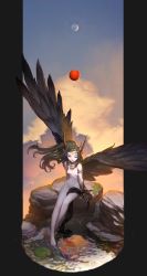 Rule 34 | 1girl, ambiguous red liquid, arm support, armlet, arms at sides, barefoot, between legs, black fur, black hair, black wings, breasts, cloud, crescent moon, dripping, eye symbol, eyelashes, facial mark, feathered wings, floating hair, forehead mark, half-closed eyes, headgear, highres, horns, jewelry, kmpym, koi, korean commentary, leaf, crossed legs, long hair, looking away, looking down, moon, moss, nature, navel, necklace, nipples, orb, original, outside border, pillarboxed, pointy ears, pond, reflection, rock, sitting, sky, small breasts, soaking feet, solo, twilight, very long hair, water, wings