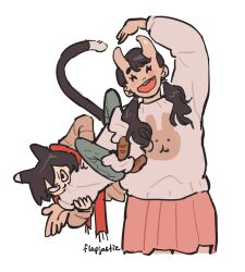 Rule 34 | 2girls, alternate costume, animal ears, animal print, arm up, biting, biting arm, black hair, blue pants, cat ears, cat girl, cat tail, chipped tooth, climbing, commentary, contemporary, dungeon meshi, english commentary, facing viewer, flapjastic, furrowed brow, hair over shoulder, heart arms duo, heart arms failure, height difference, highres, horns, inutade, izutsumi, leg warmers, long hair, long sleeves, looking at viewer, low twintails, mismatched animal ear colors, multiple girls, oni, pants, pink skirt, print sweater, rabbit print, red scarf, scarf, shoes, short hair, simple background, skirt, sweater, tail, twintails, twitter username, white background