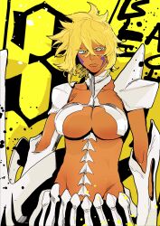 Rule 34 | 1girl, absurdres, bleach, blonde hair, breasts, cleavage, colored eyelashes, dark-skinned female, dark skin, facial mark, female focus, frown, green eyes, highres, isaacchief300, large breasts, looking at viewer, solo, tier harribel, yellow background