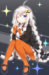 Rule 34 | 1girl, ;), ahoge, black footwear, black jacket, blue eyes, blush, braid, closed mouth, commentary request, double v, dress, fingernails, gloves, grey dress, hair between eyes, hair ornament, hands up, highres, jacket, kamioka shun&#039;ya, kizuna akari, long hair, long sleeves, looking at viewer, low twintails, one eye closed, open clothes, open jacket, orange gloves, orange pantyhose, pantyhose, puffy long sleeves, puffy sleeves, shoes, sidelocks, silver hair, sitting, smile, solo, sparkle, striped clothes, striped gloves, striped pantyhose, tongue, tongue out, twin braids, twintails, v, vertical-striped clothes, vertical-striped gloves, vertical-striped pantyhose, very long hair, vocaloid, voiceroid