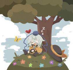 Rule 34 | 1girl, against tree, aqua hair, black footwear, black hat, blouse, boots, bow, bug, butterfly, buttons, chibi, closed eyes, cloud, diamond button, drooling, eyeball, flower, frilled shirt collar, frilled sleeves, frills, hand on lap, hat, hat bow, hat ribbon, heart, hill, insect, komeiji koishi, long sleeves, medium hair, no lineart, on ground, open mouth, ribbon, shirt, sitting, sky, sleeping, solo, third eye, touhou, tree, under tree, unworn hat, unworn headwear, wavy hair, wide sleeves, yellow bow, yellow ribbon, yellow shirt, zunusama, zzz