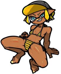 1girl all_fours bare_arms bare_legs bare_shoulders barefoot baseball_cap bikini blonde_hair blue_eyes breasts cleavage dark-skinned_female dark_skin eyebrow_cut fangs full_body grin hat horizontal-striped_bikini inkling_girl inkling_player_character name_omoitukan2 navel nintendo pointy_ears ponytail shiny_skin short_hair side-tie_bikini_bottom simple_background small_breasts smile solo splatoon_(series) striped_bikini striped_clothes swimsuit teeth tentacle_hair thick_lineart underboob white_background