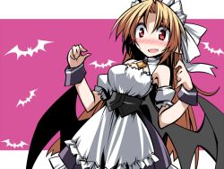 Rule 34 | 1girl, alternate costume, apron, ascot, bare shoulders, bat (animal), bat wings, blonde hair, blush, breasts, corset, detached sleeves, dress, enmaided, fang, hair ribbon, hemogurobin a1c, kurumi (touhou), large breasts, maid, maid apron, maid headdress, open mouth, pointy ears, puffy short sleeves, puffy sleeves, purple dress, red eyes, ribbon, short sleeves, solo, touhou, touhou (pc-98), wings, wrist cuffs