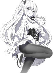 Rule 34 | 1girl, blush, bow, breasts, closed mouth, commentary request, dress, emily stock, greyscale, hair between eyes, hair bow, hand up, long hair, looking at viewer, medium breasts, monochrome, nose blush, one side up, original, pantyhose, ririko (zhuoyandesailaer), shoes, short sleeves, simple background, smile, solo, standing, standing on one leg, thighband pantyhose, underbust, very long hair, white background, wide sleeves