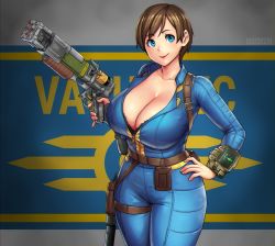 Rule 34 | 1girl, banner, belt, belt pouch, black bra, blue bodysuit, blue eyes, bodysuit, bra, breasts, brown belt, brown hair, cleavage, closed mouth, cowboy shot, curvy, erkaz, fallout (series), gun, hand on own hip, highres, holding, holding gun, holding weapon, large breasts, looking to the side, open bodysuit, open clothes, original, pip boy, pixie cut, pouch, short hair, skin tight, smile, strap, thigh strap, tight clothes, underwear, vault suit, weapon, zipper, zipper pull tab