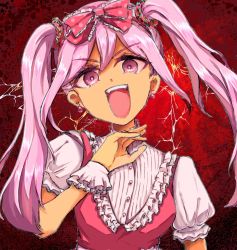 Rule 34 | 1girl, asbhp0, bow, dress, head tilt, highres, laughing, long hair, looking at viewer, omori, open mouth, pink dress, pink eyes, pink hair, red background, red bow, short sleeves, smile, solo, sweetheart (omori), upper body