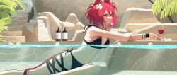 Rule 34 | 1girl, animal ears, arknights, bikini, bird ears, bird girl, bird tail, black bikini, breasts, condom, condom in mouth, cum, cum on hands, cup, day, drinking glass, fiammetta (arknights), flower, hair flower, hair ornament, halterneck, highres, looking at viewer, lotion bottle, mouth hold, navel, northkiyou, outdoors, partially submerged, partially underwater shot, plant, red eyes, red hair, short hair, sitting, small breasts, solo, stairs, stomach, swimsuit, tail, underwater, used condom, water, white flower, wine glass