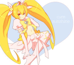 Rule 34 | 10s, 1girl, blonde hair, boots, bow, brooch, character name, choker, cure sunshine, cure sunshine (super silhouette), detached sleeves, english text, eyelashes, gloves, hair ornament, hair ribbon, happy, heart, heart brooch, heartcatch precure!, high heels, jewelry, long hair, looking at viewer, magical girl, meko (2344927), midriff, myoudouin itsuki, navel, open mouth, precure, puffy sleeves, ribbon, skirt, solo, super silhouette (heartcatch precure!), thigh boots, thighhighs, twintails, very long hair, white background, wrist cuffs, yellow bow, yellow eyes