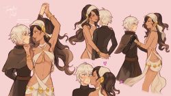 Rule 34 | 2girls, absurdres, anna pascal, arm up, armpits, artist name, blush, bracelet, breasts, brown hair, cleavage, cropped legs, dancing, dark-skinned female, dark skin, face-to-face, female focus, grey hair, hair over one eye, hand on another&#039;s chin, heart, highres, holding hands, jewelry, kiss, kissing cheek, looking at another, milo yuelle, multiple girls, navel, revealing clothes, scar, scar on face, signature, smile, stomach, tamafry, triangle strategy, twitter username, upper body, yuri