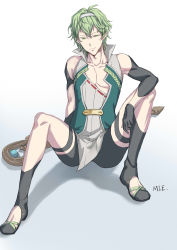 Rule 34 | 1boy, absurdres, boots, david (fate), fate/grand order, fate (series), green eyes, green hair, hairband, high collar, highres, male focus, shorts, sitting, solo, staff, tunic, white2013