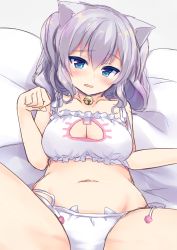 Rule 34 | 10s, 1girl, animal ears, bell, blue eyes, blush, breasts, cat cutout, cat ear panties, cat ears, cat lingerie, cleavage, cleavage cutout, clothing cutout, frilled sleeves, frills, irone (miyamiya38), jingle bell, kantai collection, kashima (kancolle), large breasts, long hair, looking at viewer, lying, meme attire, navel, on back, open mouth, panties, side-tie panties, silver hair, solo, syuurin, twintails, underwear, wavy hair