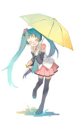 Rule 34 | 1girl, ^ ^, adapted costume, aqua necktie, arm tattoo, blouse, closed eyes, collared shirt, detached sleeves, full body, hatsune miku, holding, holding umbrella, leaning to the side, long hair, melt (vocaloid), miniskirt, necktie, puddle, shirt, simple background, skirt, solo, standing, standing on one leg, tattoo, thighhighs, tobi (daidaikukan), twintails, umbrella, very long hair, vocaloid, white background, white shirt, zettai ryouiki