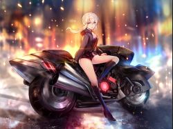 Rule 34 | 1girl, artoria pendragon (all), artoria pendragon (fate), black footwear, blonde hair, boots, breasts, cleavage, fate/grand order, fate (series), high heel boots, high heels, hood, hoodie, knee boots, medium breasts, motor vehicle, motorcycle, official alternate costume, rain, saber (fate), saber alter, saber alter (ver. shinjuku 1999) (fate), shorts, sitting, solo, teddy (khanshin), yellow eyes
