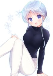 Rule 34 | 1girl, :d, ahoge, arm at side, arm support, black shirt, blue eyes, blue hair, blush, breasts, commentary, hand on own knee, head tilt, large breasts, long sleeves, looking at viewer, open mouth, original, pants, shirt, short hair with long locks, sidelocks, sitting, smile, snowflakes, solo, usashiro mani, white background, white pants