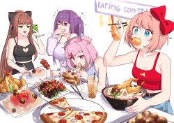 Rule 34 | 4girls, :d, alternate hairstyle, bare arms, bare shoulders, black ribbon, blue eyes, blue nails, bow, bowl, breasts, brown hair, bubble tea, casual, cellphone, chopsticks, clothing cutout, collarbone, commentary, covering own mouth, doki doki literature club, eating, eating contest, food, food in mouth, fork, green eyes, hair bow, hair ornament, hair ribbon, hairclip, heart cutout, highres, kebab, large breasts, long hair, monika (doki doki literature club), multiple girls, nail polish, natsuki (doki doki literature club), noodles, one eye closed, open mouth, phone, pink eyes, pink hair, pink nails, pizza, plate, ponytail, potetos7, purple eyes, purple hair, red bow, red nails, ribbon, sayori (doki doki literature club), short hair, sidelocks, smartphone, smile, sparkle, sparkling eyes, symbol-only commentary, tank top, tempura, twintails, twitter username, very long hair, wince, yuri (doki doki literature club)