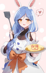 Rule 34 | 1girl, animal ear fluff, animal ears, apron, blue hair, braid, braided ponytail, chita (ketchup), commentary, food, highres, holding, holding spatula, hololive, long hair, mature female, multicolored hair, omelet, omurice, open mouth, pekomama, rabbit ears, rabbit girl, shadowsinking, short eyebrows, smile, solo, spatula, symbol-only commentary, thick eyebrows, virtual youtuber, white hair