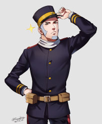 Rule 34 | 1boy, adjusting clothes, adjusting headwear, alternate costume, black hat, blue jacket, blue pants, buzz cut, facial hair, foxvulpine, goatee, golden kamuy, grey hair, hand on own hip, hat, jacket, kepi, long sideburns, male focus, military, military hat, military uniform, pants, shiraishi yoshitake, short hair, sideburns, simple background, solo, sparkle, uniform, very short hair, yellow hat