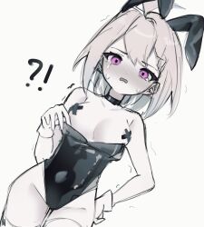 Rule 34 | !?, 1girl, ahoge, animal ears, black choker, blonde hair, blush, breasts, choker, collarbone, covered navel, crying, crying with eyes open, enna alouette, fake animal ears, gloves, highres, leotard, looking at viewer, medium breasts, medium hair, motion lines, nijisanji, nijisanji en, open mouth, pasties, playboy bunny, pulled by self, purple eyes, rabbit ears, simple background, solo, sweat, tape, tape on nipples, tears, thighhighs, trembling, white background, white gloves, white thighhighs, yukdz2