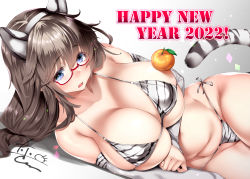 Rule 34 | 1girl, 2022, animal ears, bare shoulders, bikini, blue eyes, blush, breasts, brown hair, cleavage, collarbone, fake animal ears, food, fruit, glasses, hairband, happy new year, highres, large breasts, long hair, looking at viewer, lying, mandarin orange, new year, on side, oohira sunset, open mouth, original, skindentation, solo, swimsuit, tail, thighs, tiger ears, tiger stripes, tiger tail, white bikini