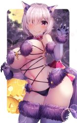 Rule 34 | 1girl, animal ears, bare shoulders, black panties, blush, breasts, claw pose, commentary request, cowboy shot, detached collar, fang, fate/grand order, fate (series), full body, fur-trimmed gloves, fur-trimmed legwear, fur trim, gloves, groin, hair over one eye, halloween costume, highres, jack-o&#039;-lantern, large breasts, leaning forward, light purple hair, looking at viewer, mash kyrielight, mash kyrielight (dangerous beast), medium hair, midriff, nano (syoutamho), navel, night, night sky, o-ring, o-ring top, official alternate costume, panties, pumpkin, purple eyes, purple gloves, purple legwear, revealing clothes, sky, smile, solo, tail, thighs, underboob, underwear, wolf ears, wolf tail