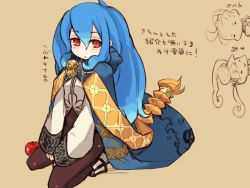 Rule 34 | 3girls, 7th dragon, 7th dragon (series), :d, = =, ahoge, aitelle, ankle boots, apple, bell, blue hair, blunt bangs, blush, bodysuit, boots, cape, chibi, d:, fighter (7th dragon), flat chest, food, food on head, from side, fruit, hair between eyes, hands on thighs, long hair, long sleeves, looking at viewer, maid headdress, moiko (7th dragon), mota, multiple girls, object on head, open mouth, parted lips, partially colored, princess (7th dragon), red eyes, seiza, sidelocks, simple background, sitting, sleeves past wrists, smile, solo focus, sora (7th dragon), translation request, twintails, very long hair