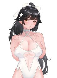Rule 34 | 1girl, :o, absurdres, azur lane, bare arms, bare shoulders, black hair, blush, bow, breasts, brown eyes, casual one-piece swimsuit, clark (159123), cleavage, collarbone, covered navel, criss-cross halter, flower, groin, hair bow, hair flower, hair ornament, halterneck, hand on own chest, highleg, highleg swimsuit, highres, large breasts, long hair, looking at viewer, one-piece swimsuit, open mouth, ponytail, simple background, solo, swimsuit, takao (azur lane), takao (beach rhapsody) (azur lane), upper body, white background, white bow, white flower, white one-piece swimsuit