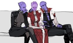 Rule 34 | 3girls, alien, aria t&#039;loak, arm around shoulder, asari (mass effect), black bodysuit, blue skin, bodysuit, breasts, cbb (tuucoo), colored skin, commentary request, couch, cropped jacket, crossed legs, dress, evil grin, evil smile, facial mark, fingerless gloves, girl sandwich, gloves, grin, hand on another&#039;s cheek, hand on another&#039;s face, head rest, highres, holding own arm, knee pads, large breasts, liara t&#039;soni, long dress, mass effect (series), mass effect 2, mature female, multiple girls, nervous sweating, popped collar, purple eyes, purple lips, purple skin, red dress, revealing clothes, sandwiched, sitting, smile, sweat, tentacle hair, tevos (mass effect), turtleneck, turtleneck dress, white background, you gonna get raped, yuri