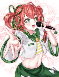 Rule 34 | 1girl, absurdres, belly, blush, bug, butterfly, clover, coin, commission, fuyo cloverfield, green eyes, hair ribbon, highres, idol corp, insect, knee up, microphone, music, navel, open mouth, pink hair, pointy ears, ribbon, shirt, singing, skirt, teeth, v, virtual youtuber